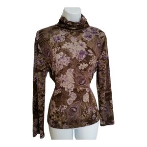 Cozy Long sleeve top brown purple peacock floral petite Mock Neck 🆕